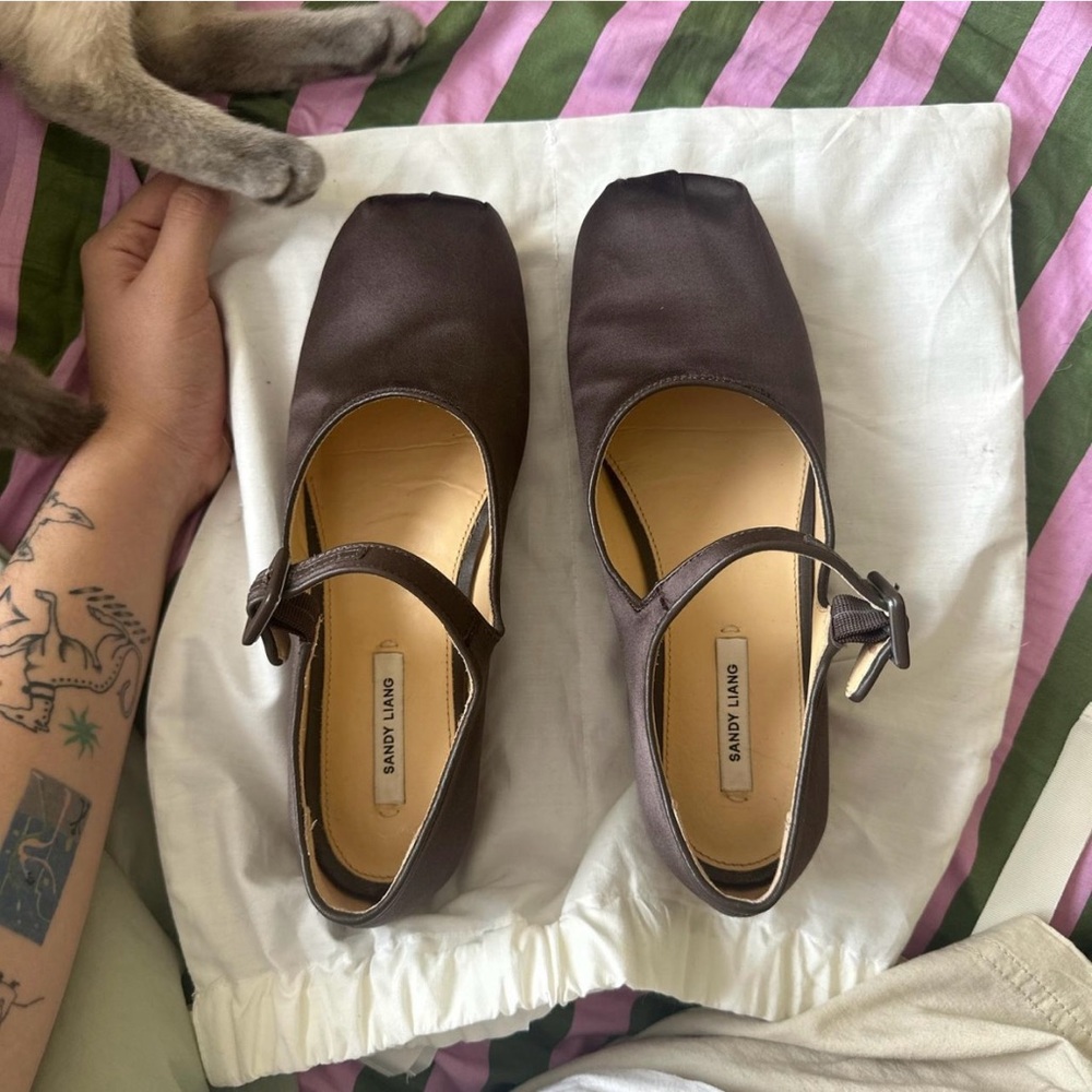 Sandy Liang Mary Jane Pointe in Brunette Satin size 39